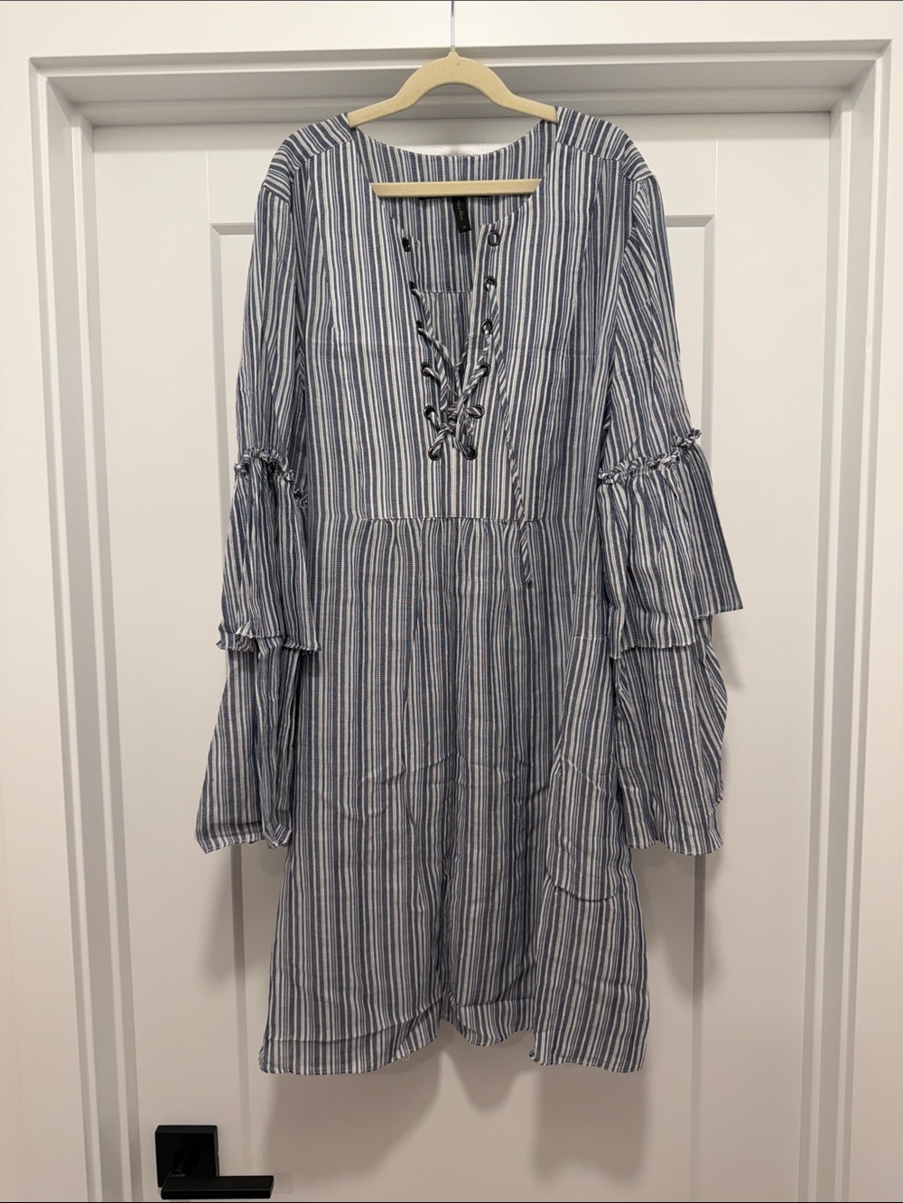 BCBGMaxAzria Blue and White Striped Lace-Up Tiered Sleeve Midi Dress